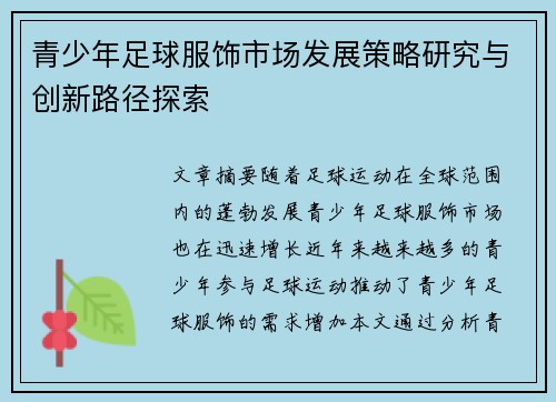 青少年足球服饰市场发展策略研究与创新路径探索