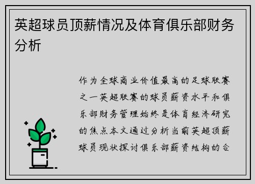 英超球员顶薪情况及体育俱乐部财务分析